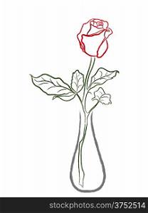 Stylized red rose in a vase isolated on white background, hand drawing vector illustration