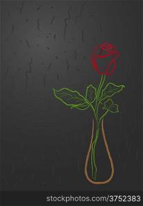 Stylized red rose in a vase over abstract dark grey background, hand drawing vector illustration