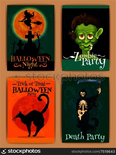 Stylized retro posters for Halloween party with cartoon characters of black cat, haunted witch house, monster, zombie skeleton with scythe. Happy Halloween design elements for banner, placard, greeting and invitation card. Stylized retro posters for Halloween party