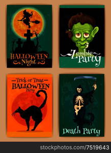 Stylized retro posters for Halloween party with cartoon characters of black cat, haunted witch house, monster, zombie skeleton with scythe. Happy Halloween design elements for banner, placard, greeting and invitation card. Stylized retro posters for Halloween party