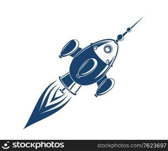 Stylized rocket zooming through space trailing flames from a turbo boost, cartoon illustration