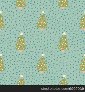 Stylized seamless pattern with green christmas tree toy holiday print. Blue dotted background. Xmas backdrop. Designed for fabric design, textile print, wrapping, cover. Vector illustration.. Stylized seamless pattern with green christmas tree toy holiday print. Blue dotted background. Xmas backdrop.