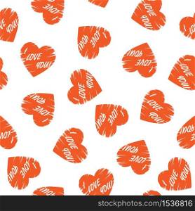 Stylized seamless pattern with heart and I LOVE YOU lettering for texture, textiles, packaging and background