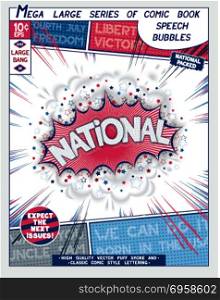 Stylized series comics speech bubble. National. Explosion in comic style with lettering and realistic puffs smoke. 3D vector pop art speech bubble