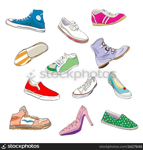 stylized shoes and sneakers over a white background