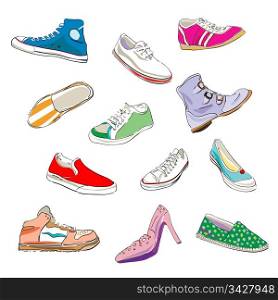 stylized shoes and sneakers over a white background