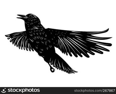 Stylized silhouette of a black raven, crow on white background.