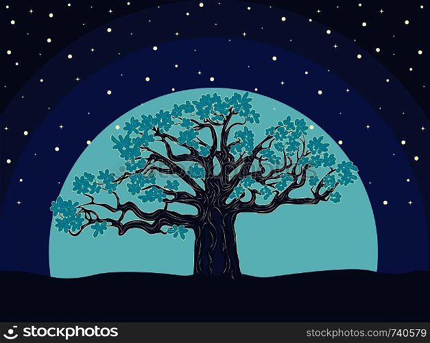 Stylized silhouette of big tree in the night starry landscape background.