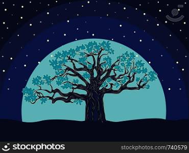 Stylized silhouette of big tree in the night starry landscape background.