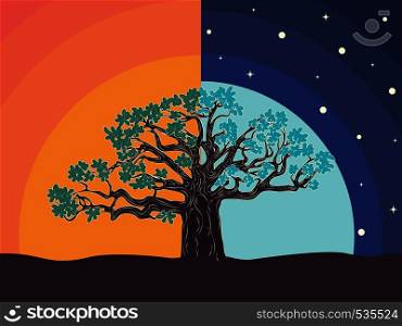 Stylized silhouette of big tree, night and sunset scene background.