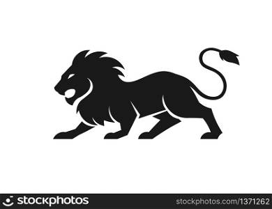 Stylized silhouette of lion. Vector animal illustration, black isolated on white background. Graphic image for tattoo, logo or mascot. Symbol of power and freedom.