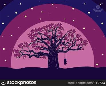 Stylized silhouettes of big tree and girl on swing background.