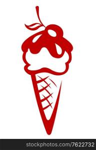 Stylized sketch illustration of an ice cream cone topped with a berry and sauce for a cool summer treat on a hot day