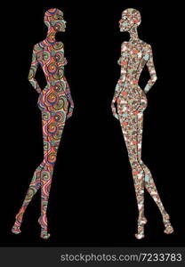 Stylized sketch of two ladies body silhouette decorated various patterns, isolated on the black background