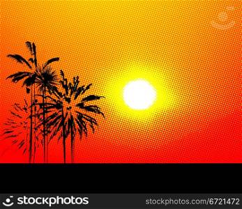 Stylized summer background with halftone sun and palm trees