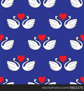 Stylized swan bird in love on blue background seamless pattern. Vector illustration.