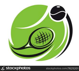 Stylized tennis icon with a green tennis ball superimposed with a curved racquet and ball with motion trails, isolated on white. Stylized tennis icon