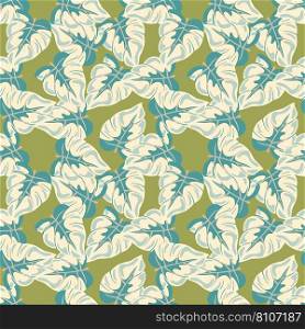 Stylized tropical leaves seamless pattern. Decorative leaf background. Modern exotic jungle plants endless wallpaper. Hawaiian rainforest floral backdrop. Vector illustration. Stylized tropical leaves seamless pattern. Decorative leaf background.