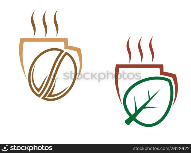 Stylized vectior illustration of two cups of steaming beverages, one with a coffee bean and one with a greenleaf