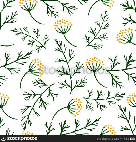 Stylized watercolor seamless pattern with sprigs of greenery, dill or fennel. Vector hand drawn flower dill seamless background. Herbs food ingridients, green organic spice. Stylized watercolor seamless pattern sprigs of greenery, dill or fennel. Vector flower dill seamless background. Herbs food ingridients