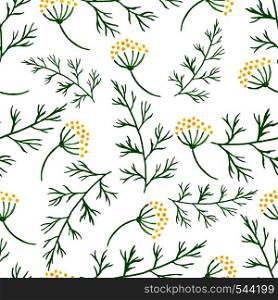 Stylized watercolor seamless pattern with sprigs of greenery, dill or fennel. Vector hand drawn flower dill seamless background. Herbs food ingridients, green organic spice. Stylized watercolor seamless pattern sprigs of greenery, dill or fennel. Vector flower dill seamless background. Herbs food ingridients
