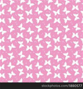 Stylized white butterfly on pink background seamless pattern. Vector illustration.