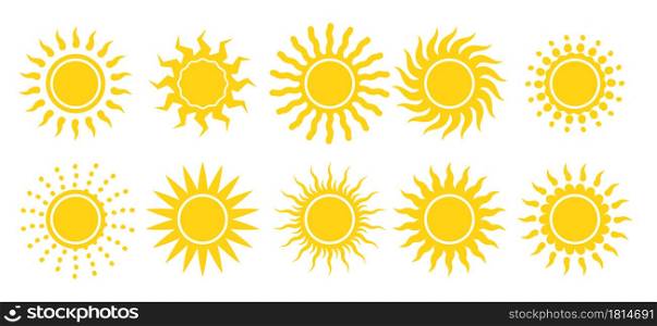 stylized yellow summer sun. Set of sun icons with different shapes of rays. Simple vector