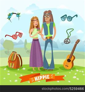 Subculture Hippie Composition. Subculture hippie composition with couple at meadow with accessories on natural landscape background cartoon style vector illustration