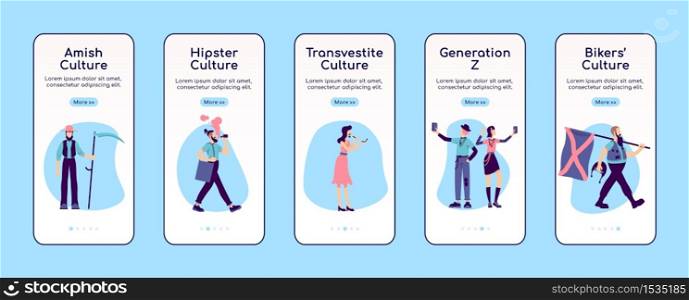 Subculture onboarding mobile app screen flat vector template. Alternative fashion and lifestyle. Walkthrough website steps with characters. UX, UI, GUI smartphone cartoon interface, case prints set. Subculture onboarding mobile app screen flat vector template