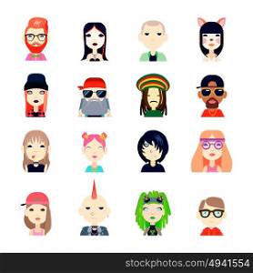 Subcultures Icons Set . Subcultures and people icons set with hippie and hipster flat isolated vector illustration