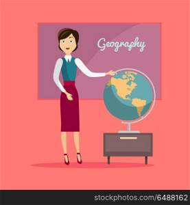 Subject of Geography Education Conceptual Banner. Subject of geography education conceptual banner. Geography teacher school standing next to a large globe. World map globe earth and continent, knowledge about global planet, vector illustration