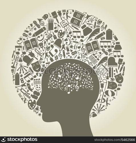 Subjects of art round a head. A vector illustration