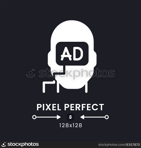 Subliminal advertising white solid desktop icon. Consumer behavior. Marketing message. Pixel perfect 128x128, outline 4px. Silhouette symbol for dark mode. Glyph pictogram. Vector isolated image. Subliminal advertising white solid desktop icon