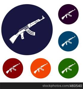 Submachine gun icons set in flat circle reb, blue and green color for web. Submachine gun icons set