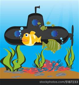 Submarine at the depth ocean. The Cartoon of the black submarine in depth of the ocean.