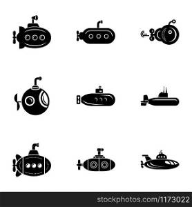 Submarine cruiser icons set. Simple set of 9 submarine cruiser vector icons for web isolated on white background. Submarine cruiser icons set, simple style