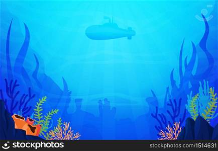 Submarine Diving Explore Coral Underwater Ocean Nature Illustration