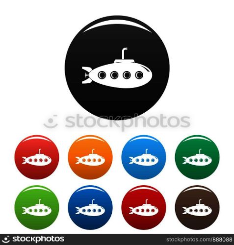 Submarine icons set 9 color vector isolated on white for any design. Submarine icons set color