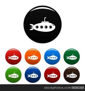 Submarine icons set 9 color vector isolated on white for any design. Submarine icons set color