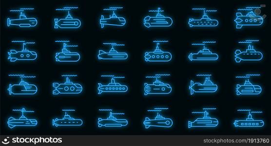 Submarine icons set. Outline set of submarine vector icons neon color on black. Submarine icons set vector neon