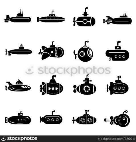 Submarine icons set. Simple illustration of 16 submarine vector icons for web. Submarine icons set, simple style