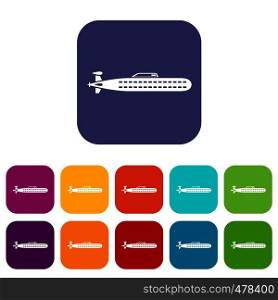 Submarine icons set vector illustration in flat style in colors red, blue, green, and other. Submarine icons set