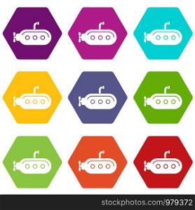 Submarine with periscope icons 9 set coloful isolated on white for web. Submarine with periscope icons set 9 vector