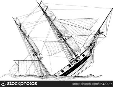 Submersible pirate sailing ship shipwrecked isolated on white background. sailing ship wreck