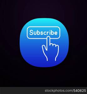 Subscribe button click app icon. UI/UX user interface. Subscription. Social media app. Hand pressing button. Web or mobile applications. Vector isolated illustration. Subscribe button click app icon