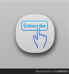 Subscribe button click app icon. UI/UX user interface. Subscription. Social media app. Hand pressing button. Web or mobile application. Vector isolated illustration. Subscribe button click app icons set