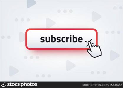 Subscribe button. Clicking hand cursor with subscription button, video channel interaction symbol. Vector subscription ui element on gray backgrounds with play symbo. Subscribe button. Clicking hand cursor with subscription button, video channel interaction symbol. Vector subscription ui element