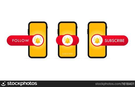 Subscribe button template with the notification bell on smartphone screen. Video channel. Red button sign in social media. Vector on isolated white background. EPS 10.. Subscribe button template with the notification bell on smartphone screen. Video channel. Red button sign in social media. Vector on isolated white background. EPS 10