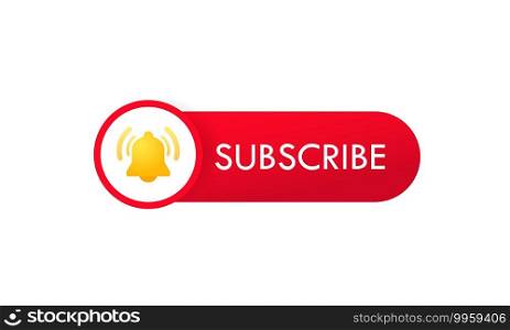 Subscribe button template with the notification bell. Video channel. Red button sign in social media. Vector on isolated white background. EPS 10.. Subscribe button template with the notification bell. Video channel. Red button sign in social media. Vector on isolated white background. EPS 10