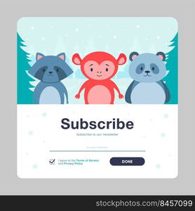 Subscribe cartoon vector mailout template with animals. Online newsletter with cute wild animals and submit button in flat colorful design. Animal, nature concept for website design or landing page